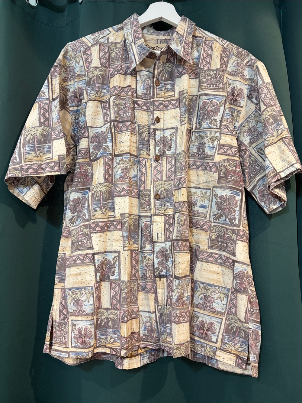 Men's Short-Sleeve Tropical Print Button-Down Shirt - Beige & Brown